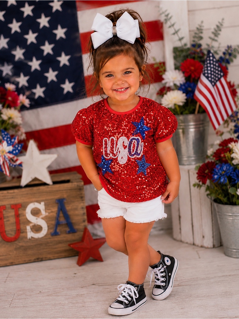 BRAND NEW WITH TAGS Girl’s Red USA Sequin Tee – Patriotic & Fun!